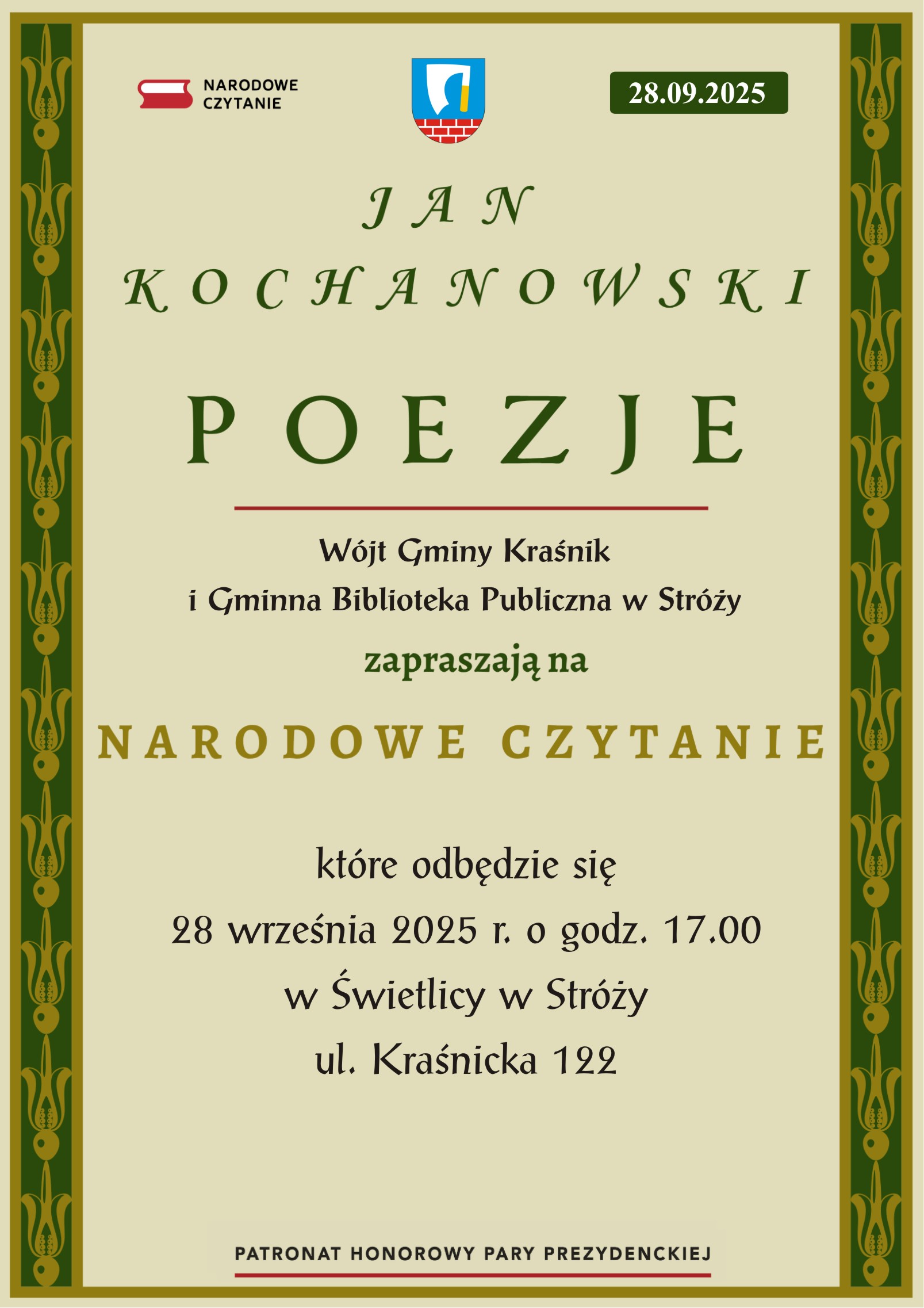 NARODOWE CZYTANIE – 28.09.2025r.  Poezja Jana Kochanowskiego